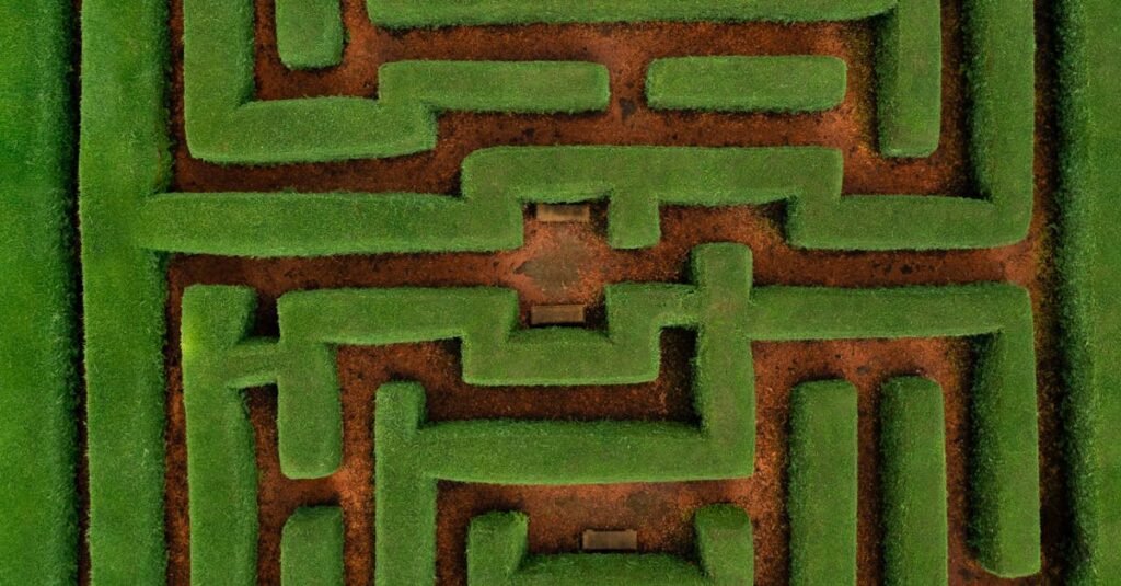 Discover the intricate green hedge maze pattern from above, located in Australia.